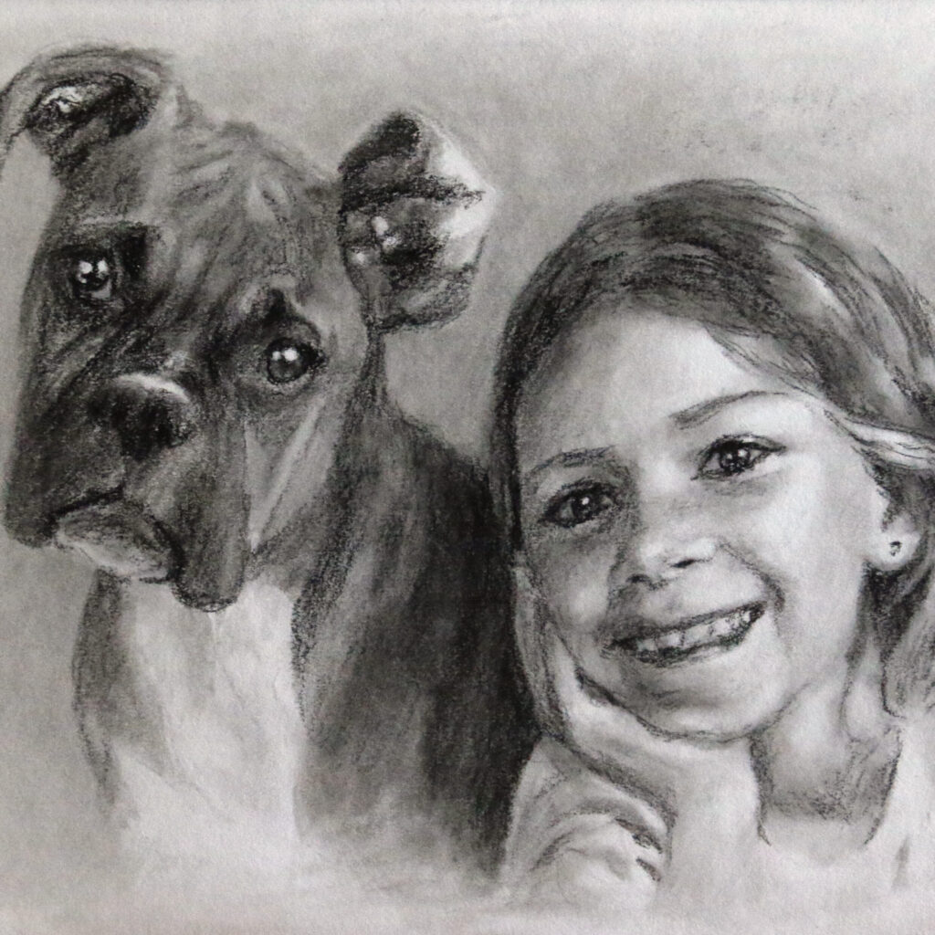 Small black and white commissioned portrait of a girl and her dog by Dane Ikin