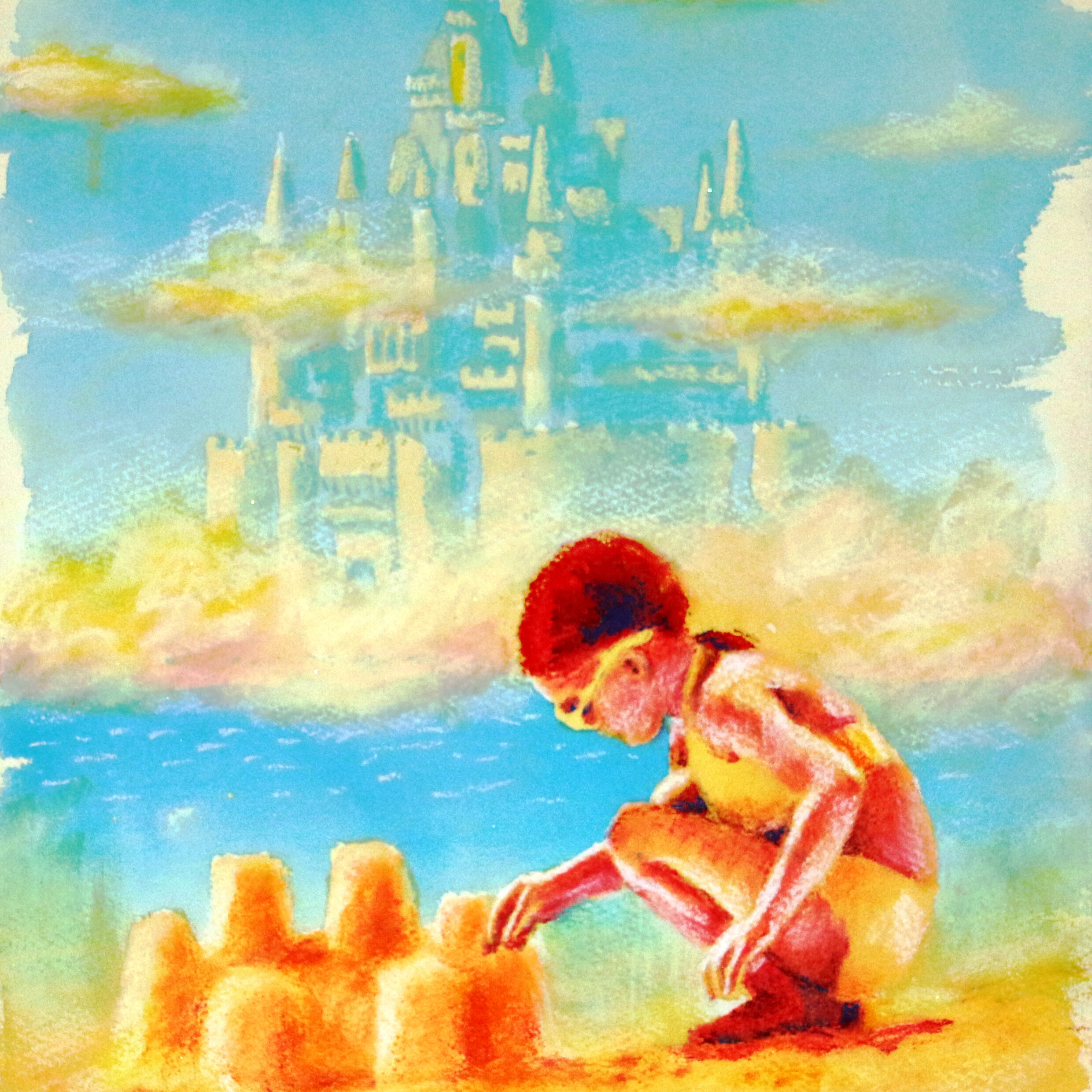 Picture of a girl building a sandcastle with the imagined version in the background by Dane Ikin